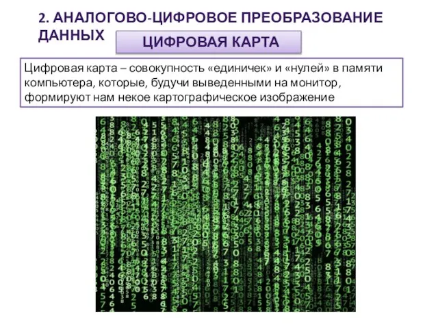 2. АНАЛОГОВО-ЦИФРОВОЕ ПРЕОБРАЗОВАНИЕ ДАННЫХ ЦИФРОВАЯ КАРТА Цифровая карта – совокупность «единичек»