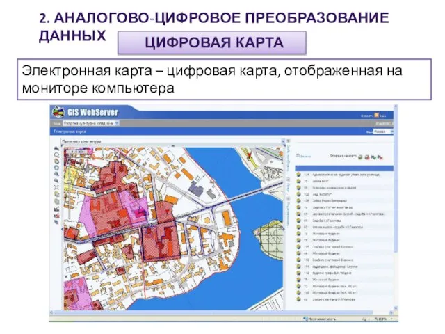 Электронная карта – цифровая карта, отображенная на мониторе компьютера 2. АНАЛОГОВО-ЦИФРОВОЕ ПРЕОБРАЗОВАНИЕ ДАННЫХ ЦИФРОВАЯ КАРТА