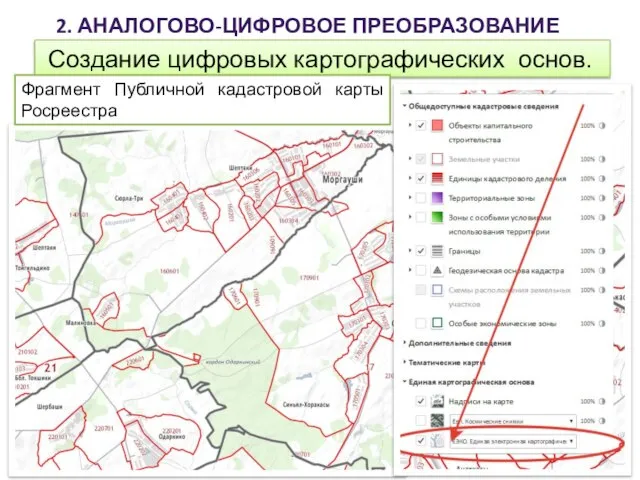 2. АНАЛОГОВО-ЦИФРОВОЕ ПРЕОБРАЗОВАНИЕ ДАННЫХ Создание цифровых картографических основ. Фрагмент Публичной кадастровой карты Росреестра