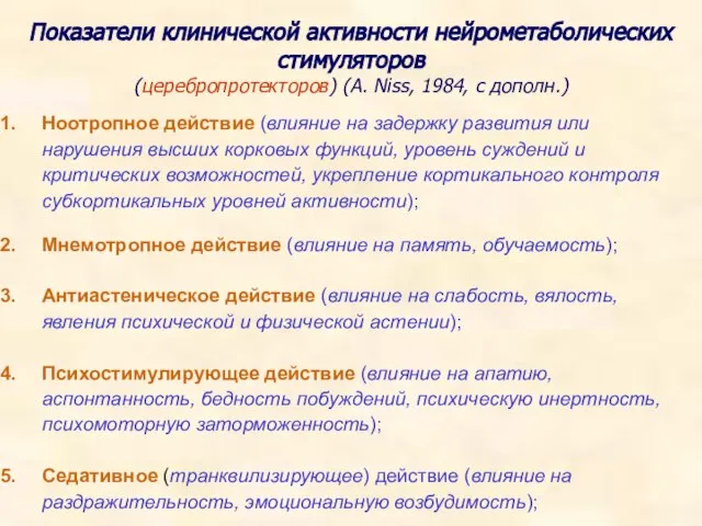 Показатели клинической активности нейрометаболических стимуляторов (церебропротекторов) (A. Niss, 1984, с дополн.)