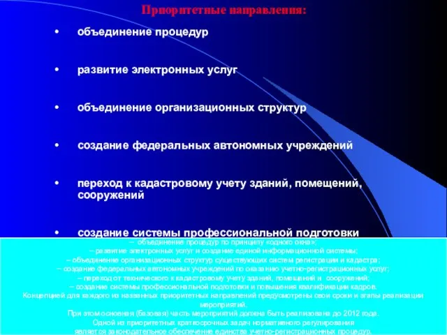 Приоритетные направления: объединение процедур развитие электронных услуг объединение организационных структур создание