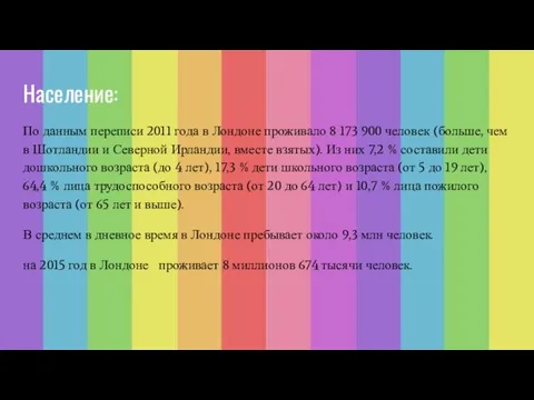 Население: По данным переписи 2011 года в Лондоне проживало 8 173