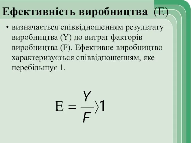 Ефективність виробництва (E) визначається співвідношенням результату виробництва (Y) до витрат факторів