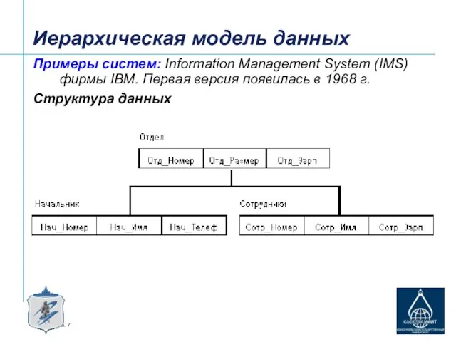 Иерархическая модель данных Примеры систем: Information Management System (IMS) фирмы IBM.