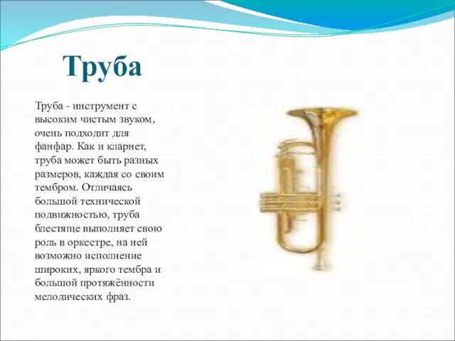 Труба Труба - инструмент с высоким чистым звуком, очень подходит для