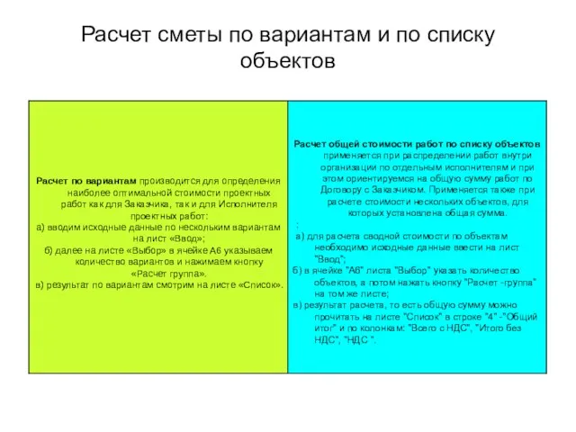 Расчет сметы по вариантам и по списку объектов