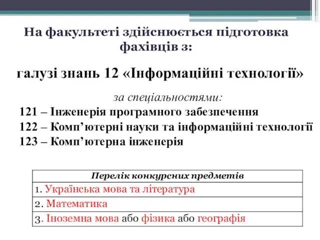 На факультеті здійснюється підготовка фахівців з: галузі знань 12 «Інформаційні технології»