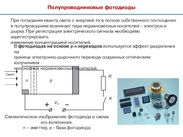 Полупроводниковые фотодиоды Схематическое изображение фотодиода и схема его включения. n –