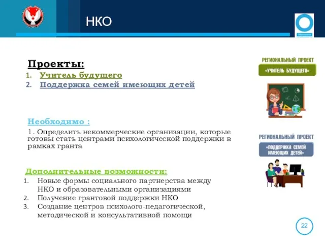 НКО Необходимо : 1. Определить некоммерческие организации, которые готовы стать центрами