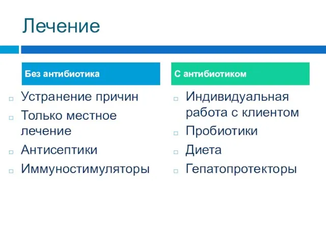 Лечение Устранение причин Только местное лечение Антисептики Иммуностимуляторы Индивидуальная работа с