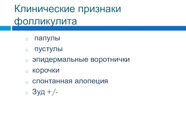 Клинические признаки фолликулита папулы пустулы эпидермальные воротнички корочки спонтанная алопеция Зуд +/-