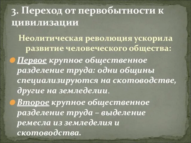 Неолитическая революция ускорила развитие человеческого общества: Первое крупное общественное разделение труда: