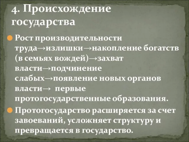 Рост производительности труда→излишки→накопление богатств (в семьях вождей)→захват власти→подчинение слабых→появление новых органов