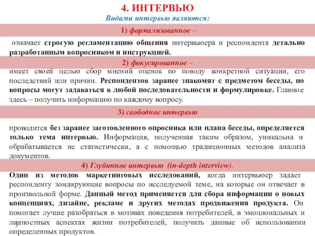 4. ИНТЕРВЬЮ означает строгую регламентацию общения интервьюера и респондента детально разработанным