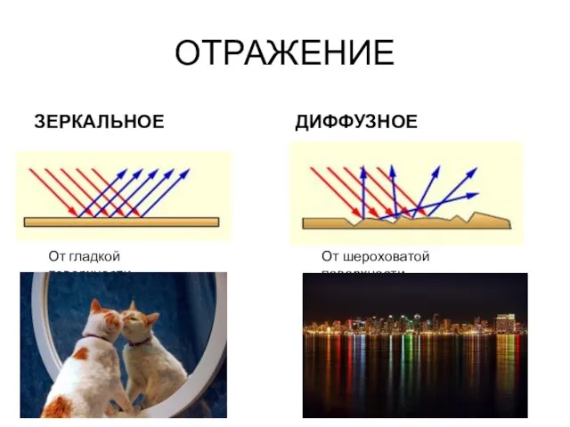 ОТРАЖЕНИЕ ЗЕРКАЛЬНОЕ ДИФФУЗНОЕ От гладкой поверхности От шероховатой поверхности