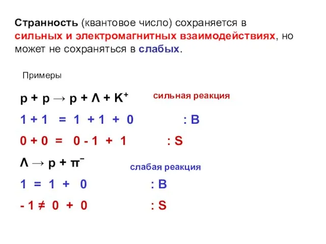 Странность (квантовое число) сохраняется в сильных и электромагнитных взаимодействиях, но может