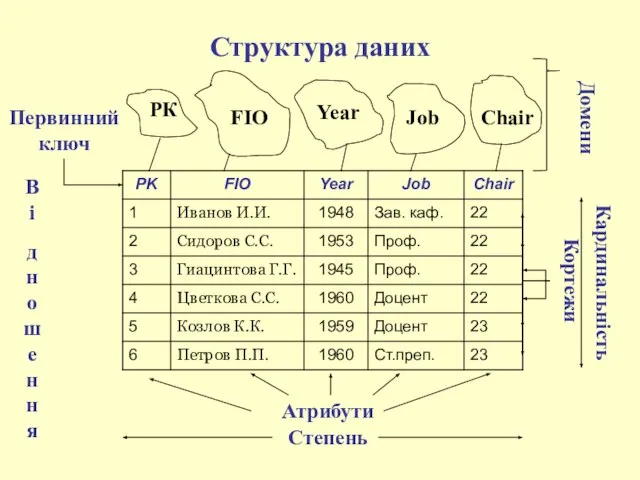 Структура даних Атрибути Степень Кардинальність Кортежи Первинний ключ РК FIO Year Job Chair Домени Ві дношення