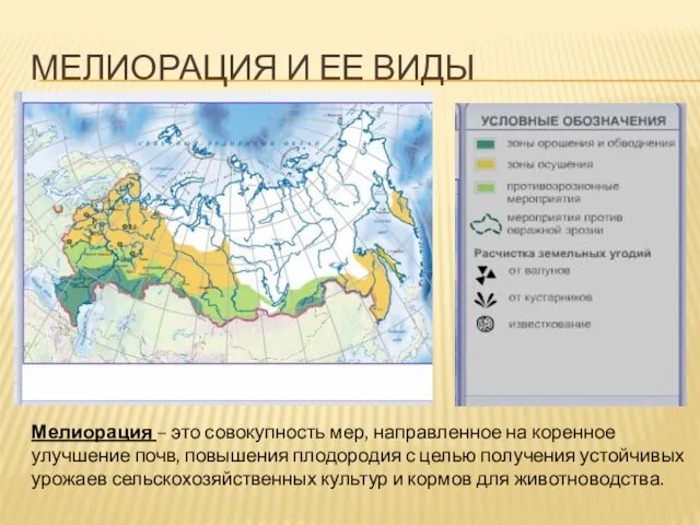 МЕЛИОРАЦИЯ И ЕЕ ВИДЫ Мелиорация – это совокупность мер, направленное на