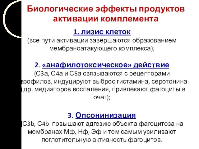 Биологические эффекты продуктов активации комплемента 1. лизис клеток (все пути активации