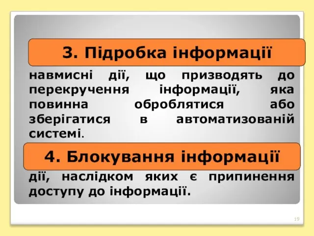 3. Підробка інформації навмисні дії, що призводять до перекручення інформації, яка