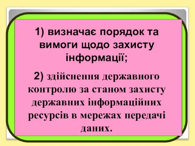 1) визначає порядок та вимоги щодо захисту інформації; 2) здійснення державного