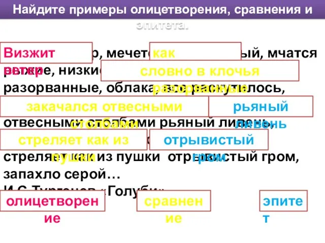 Найдите примеры олицетворения, сравнения и эпитета. Визжит ветер, мечется как бешеный,