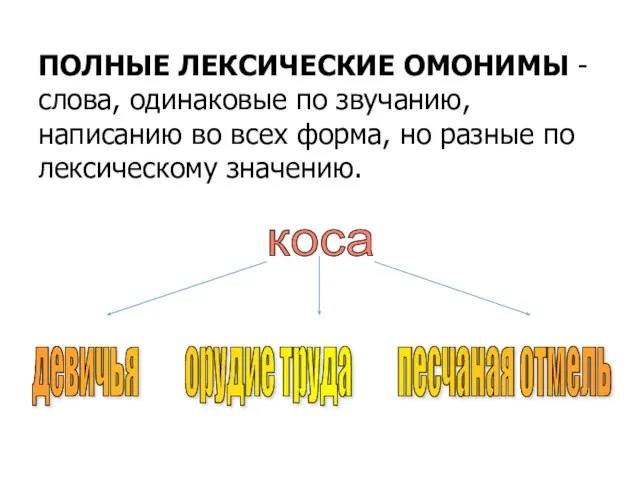 девичья орудие труда песчаная отмель коса ПОЛНЫЕ ЛЕКСИЧЕСКИЕ ОМОНИМЫ - слова,