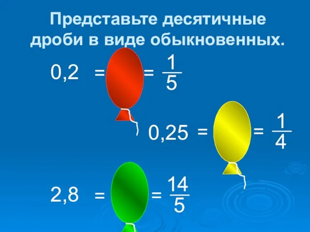 Представьте десятичные дроби в виде обыкновенных. 0,2 0,25 2,8 = = = = = =