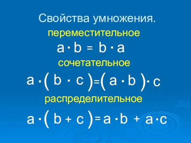 Свойства умножения. . = . переместительное . = . ( (