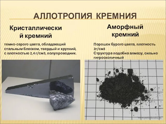 АЛЛОТРОПИЯ КРЕМНИЯ Кристаллический кремний Аморфный кремний темно-серого цвета, обладающий стальным блеском,