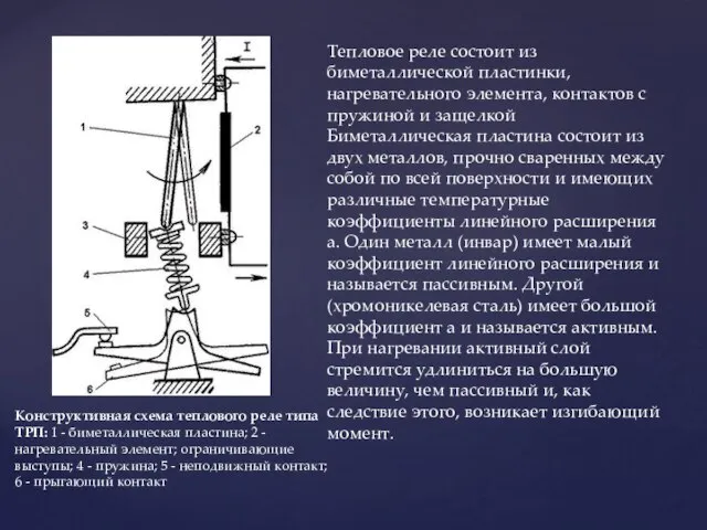 Тепловое реле состоит из биметаллической пластинки, нагревательного элемента, контактов с пружиной