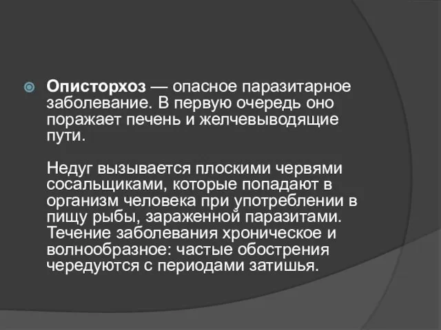 Описторхоз — опасное паразитарное заболевание. В первую очередь оно поражает печень