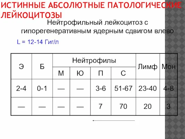 ИСТИННЫЕ АБСОЛЮТНЫЕ ПАТОЛОГИЧЕСКИЕ ЛЕЙКОЦИТОЗЫ Нейтрофильный лейкоцитоз с гипорегенеративным ядерным сдвигом влево L = 12-14 Гиг/л