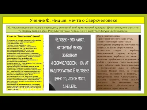 Учение Ф. Ницше: мечта о Сверхчеловеке Ф. Ницше предлагает полную переоценку