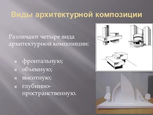 Виды архитектурной композиции фронтальную; объемную; высотную; глубинно-пространственную. Различают четыре вида архитектурной композиции: