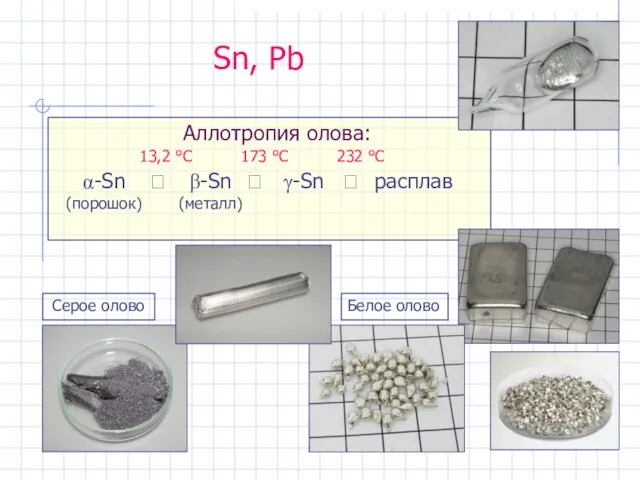 Sn, Pb Аллотропия олова: α-Sn (порошок) ⮀ 13,2 °С β-Sn (металл)