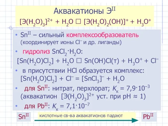 Аквакатионы ЭII [Э(H2O)3]2+ + H2O ⮀ [Э(H2O)2(OH)]+ + H3O+ SnII –