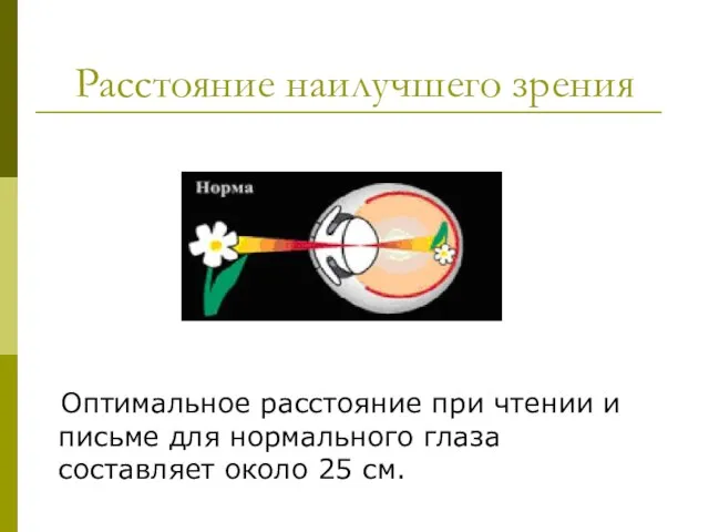 Расстояние наилучшего зрения Оптимальное расстояние при чтении и письме для нормального глаза составляет около 25 см.