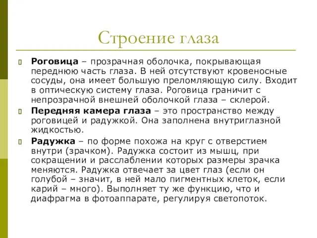 Строение глаза Роговица – прозрачная оболочка, покрывающая переднюю часть глаза. В