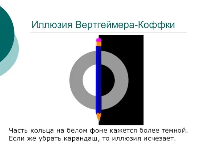 Иллюзия Вертгеймера-Коффки Часть кольца на белом фоне кажется более темной. Если
