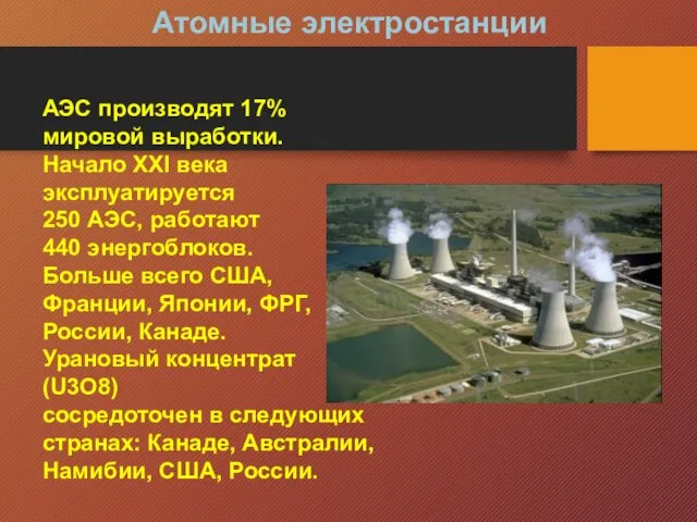 АЭС производят 17% мировой выработки. Начало ХХI века эксплуатируется 250 АЭС,