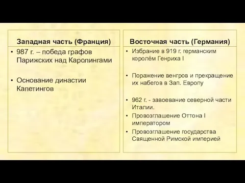 Западная часть (Франция) 987 г. – победа графов Парижских над Каролингами