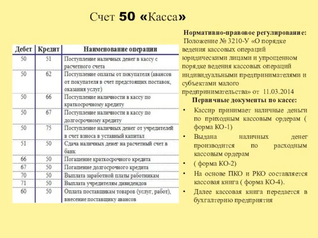 Счет 50 «Касса» Нормативно-правовое регулирование: Положение № 3210-У «О порядке ведения