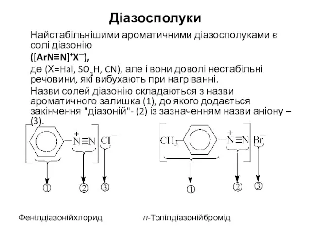 Діазосполуки Найстабільнішими ароматичними діазосполуками є солі діазонію ([Ar­N≡N]+X─), де (Х=Hal, SO3H,