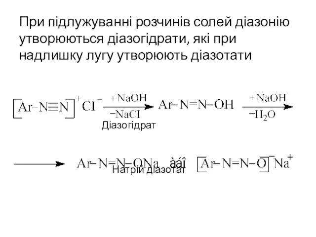 При підлужуванні розчинів солей діазонію утворюються діазогідрати, які при надлишку лугу утворюють діазотати Діазогідрат Натрій діазотат