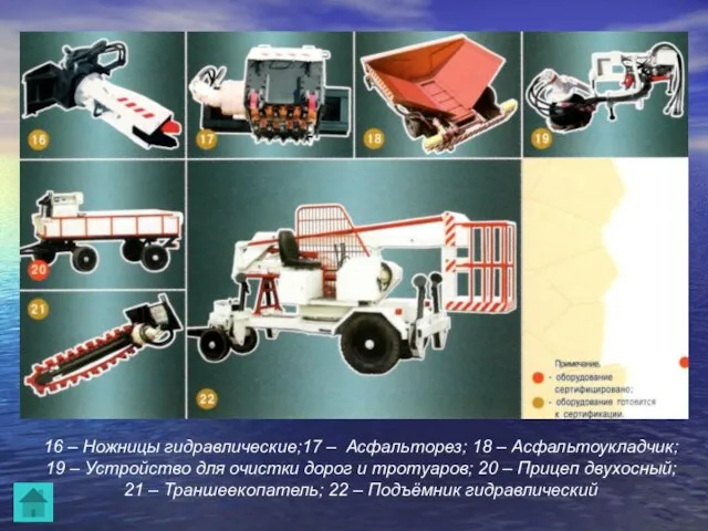 16 – Ножницы гидравлические;17 – Асфальторез; 18 – Асфальтоукладчик; 19 –