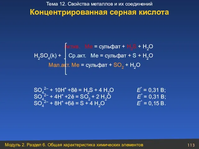 Актив. Ме = сульфат + H2S + H2O H2SO4(k) + Ср.акт.