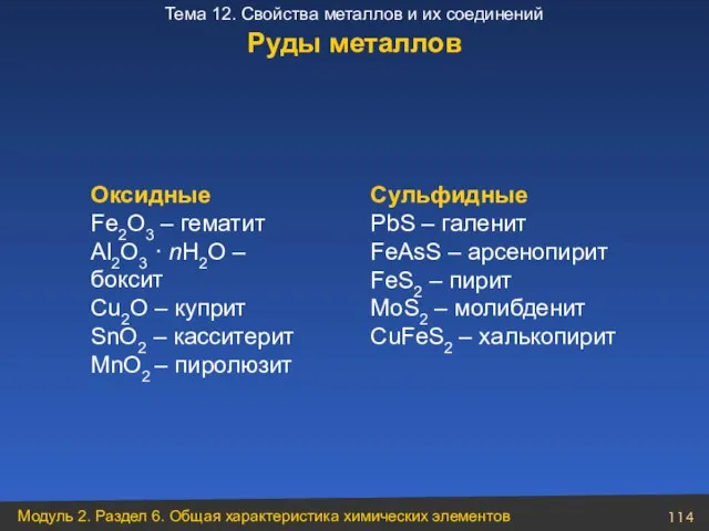 Руды металлов Оксидные Fe2O3 – гематит Al2O3 · nH2O – боксит