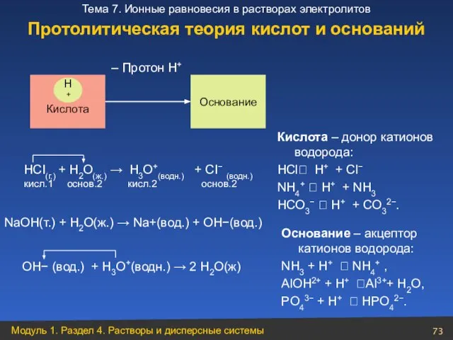 НСI(г.) + H2О(ж.) → H3О+(водн.) + СI− (водн.) кисл.1 основ.2 кисл.2