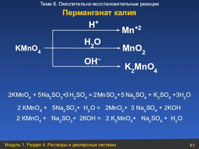 H2O KMnO4 Mn+2 MnO2 K2MnO4 H+ OH– 2KMnO4 + Na2SO3+ H2SO4